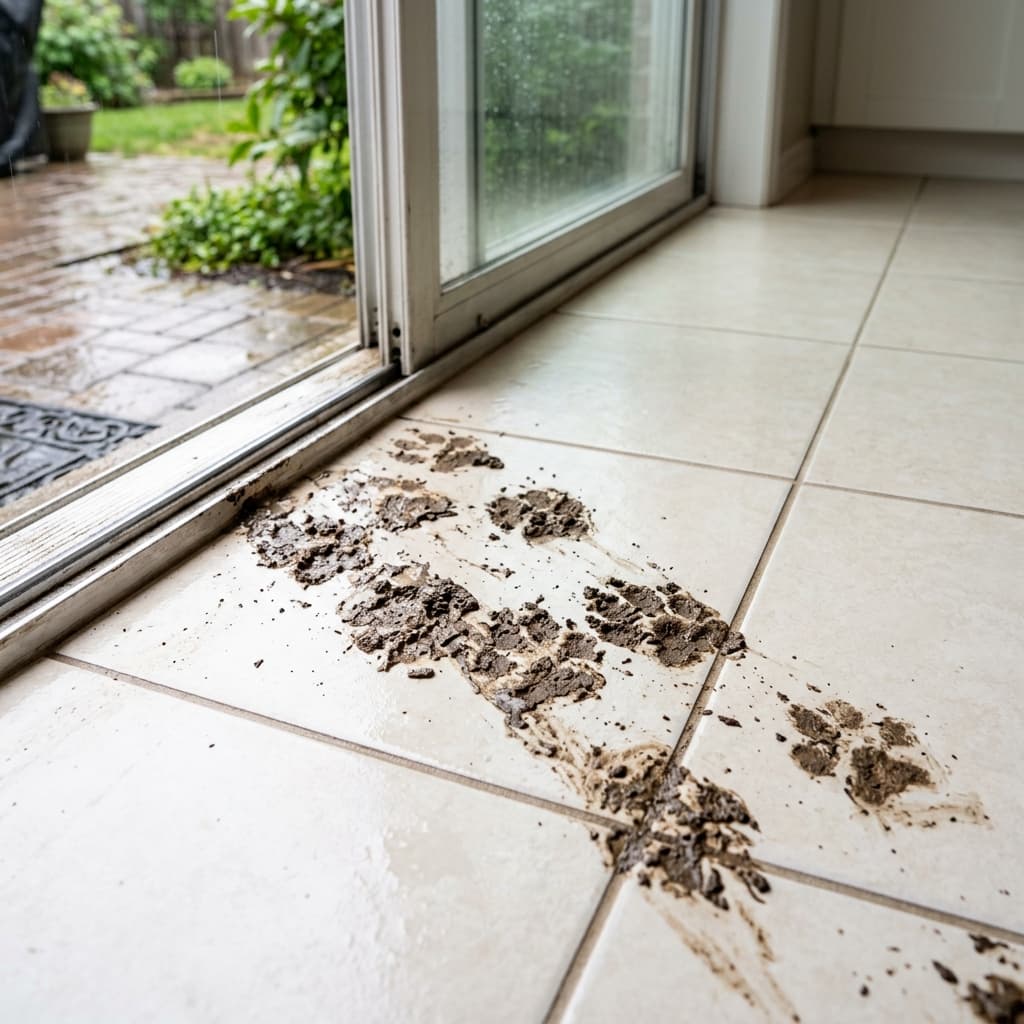 Dirty tile floors from pool traffic and mud