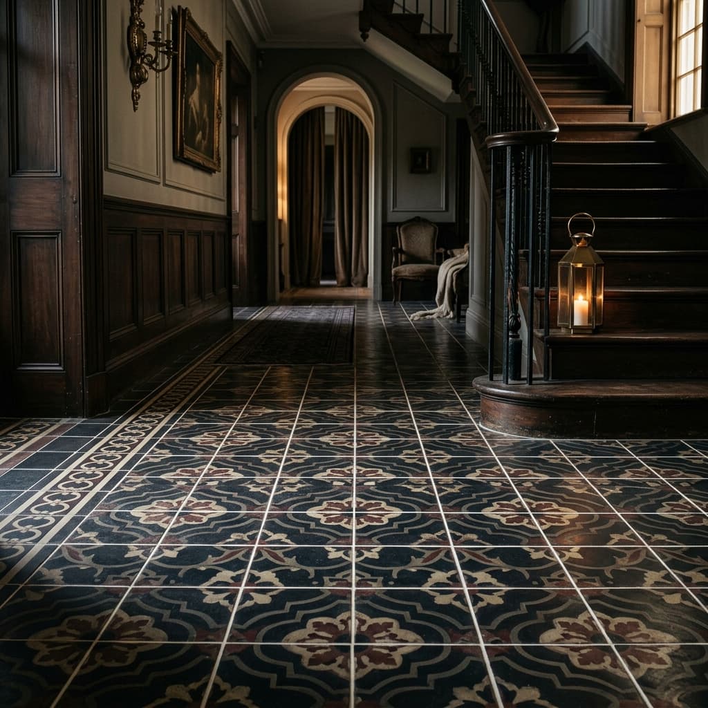 Moody, dark aesthetic view of clean classic floor tiles
