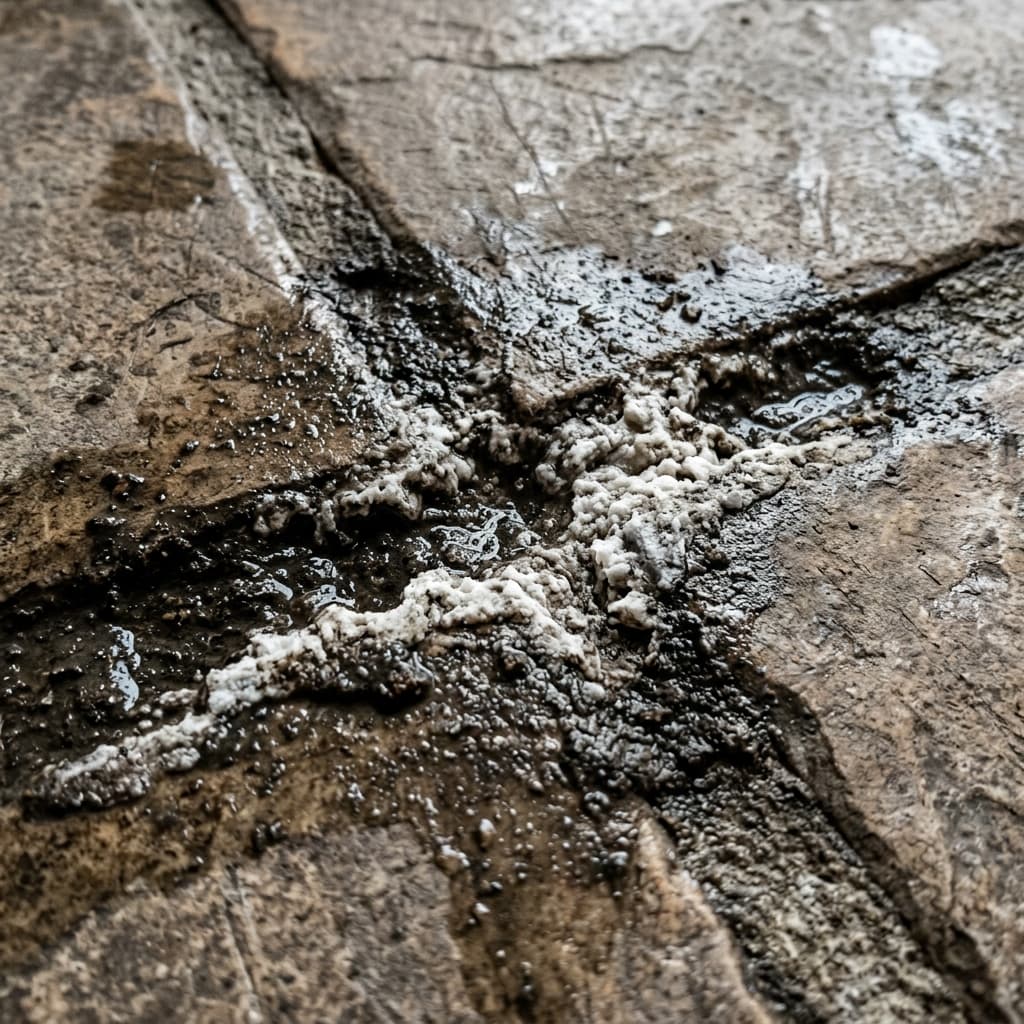 Wet river mud and hard water calcium embedded in tile grout