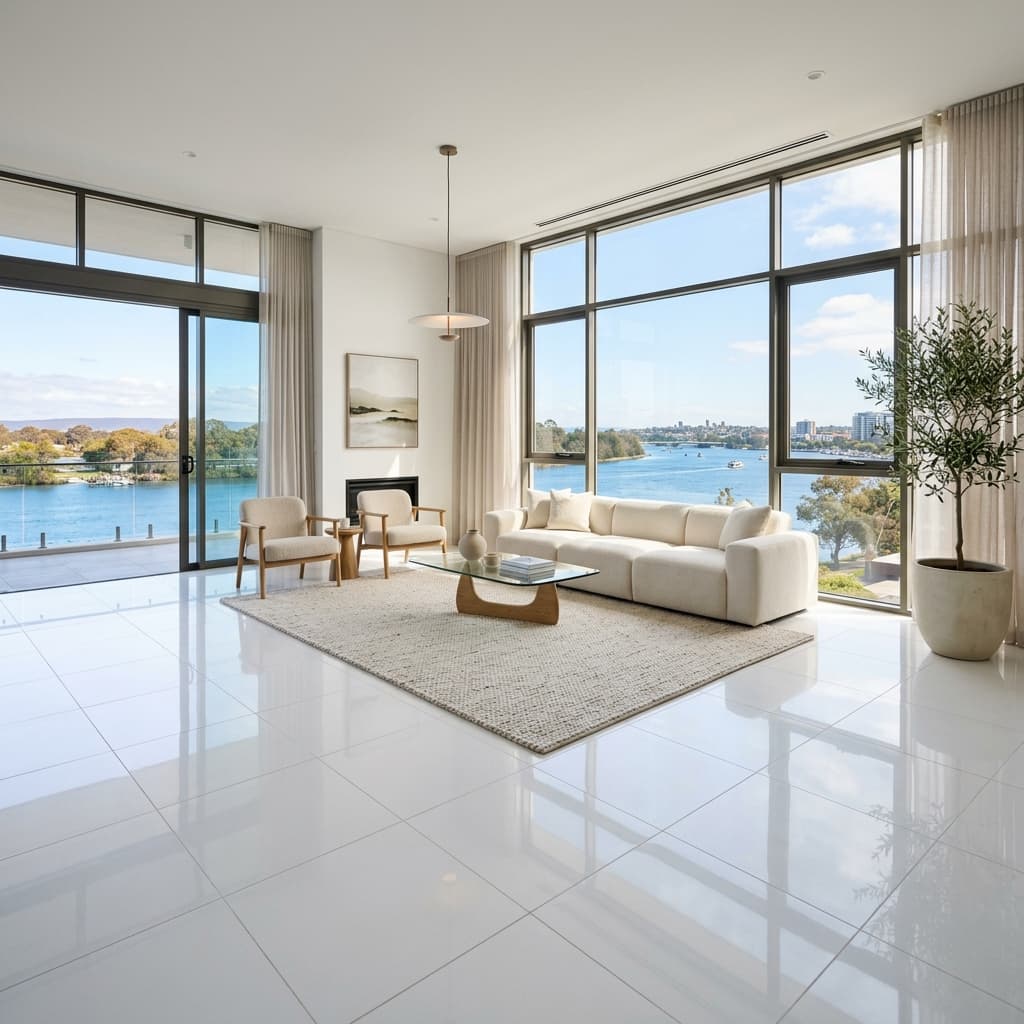 Pristine white floor tiles in a modern luxury living room