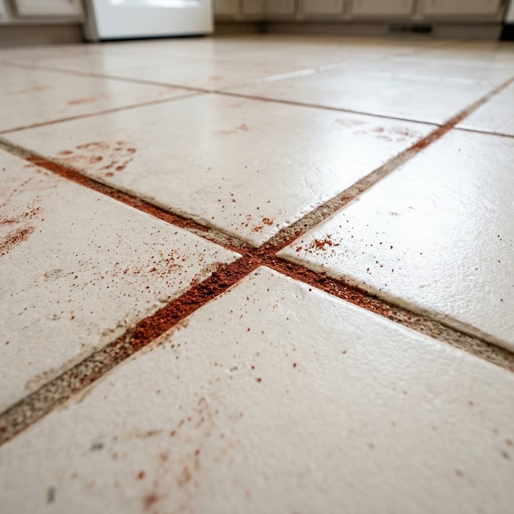 Fine red desert dust trapped in tile grout lines